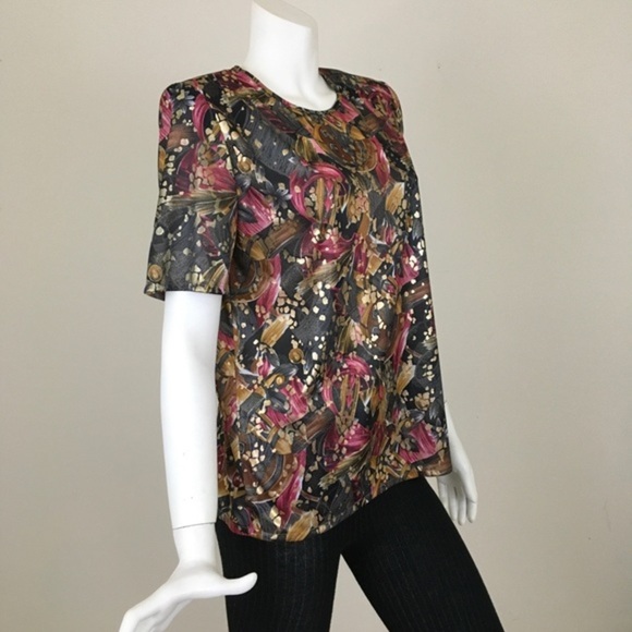 Vintage 80’s Abstract Top Shirt Gold Sheen Black Berry Woman’s 6 Fundamental - Picture 5 of 15